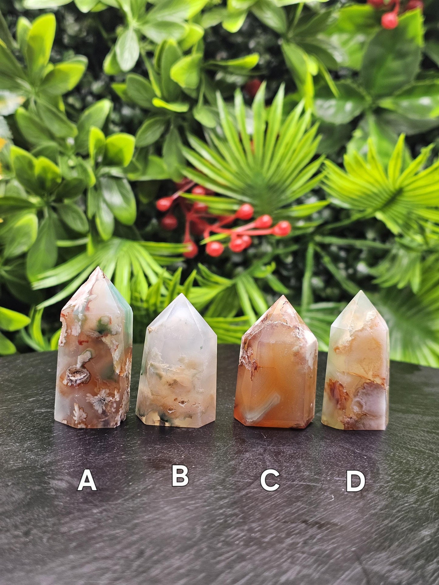 Flower Agate Mini Tower: Green & Red Crystal Point