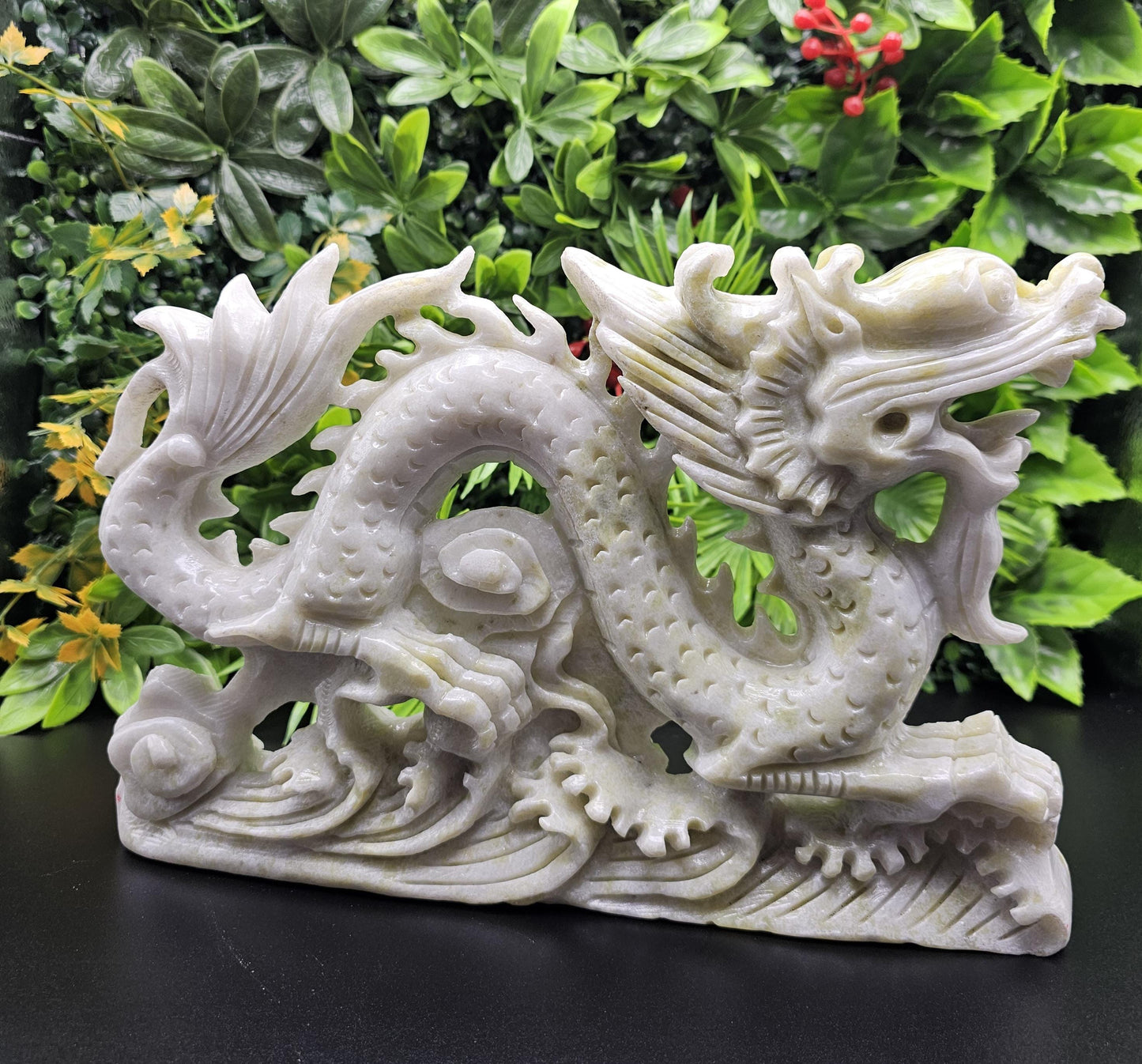 Massive White and Green Jade Hand-Carved Chinese Dragon