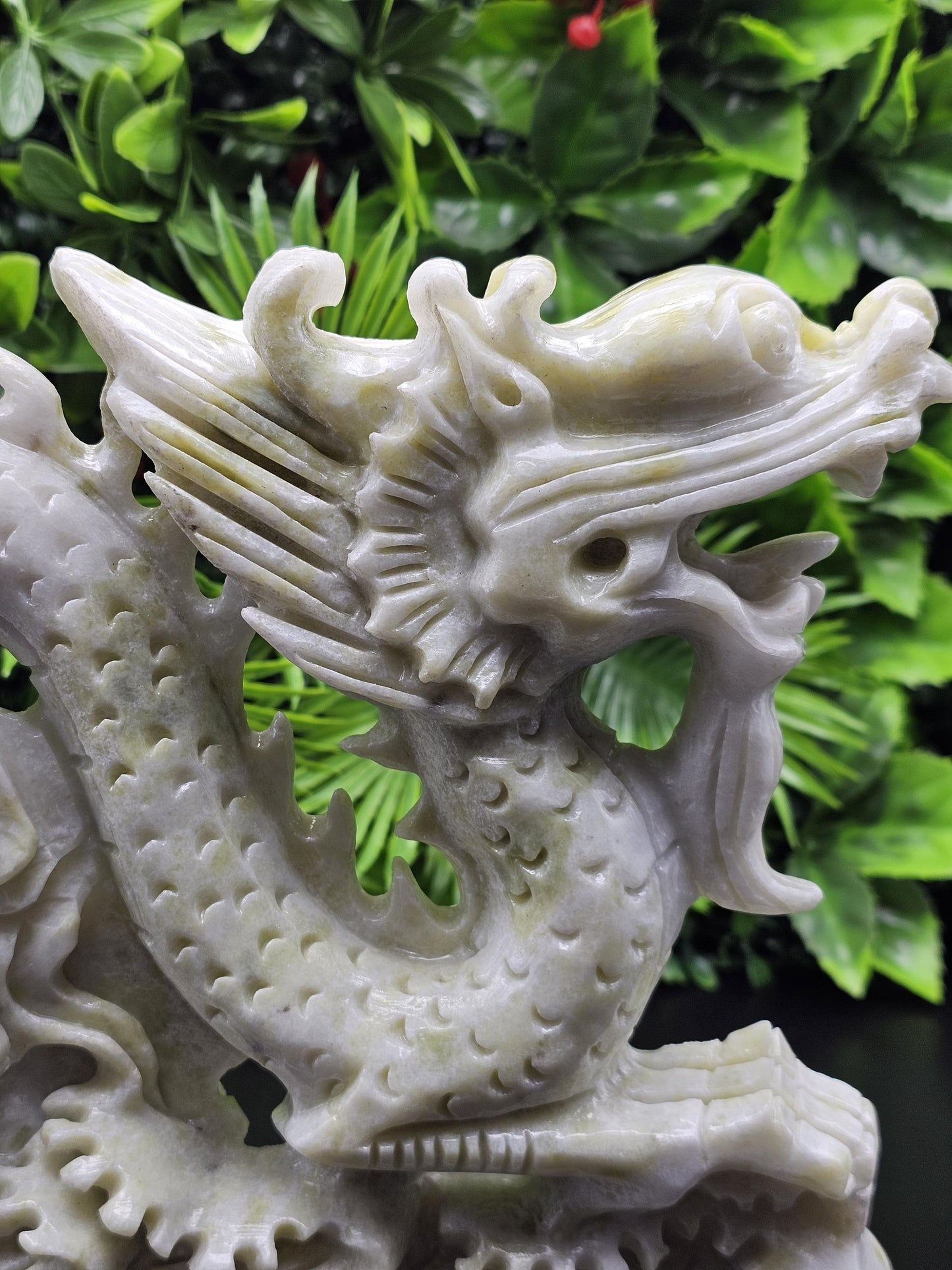 Massive White and Green Jade Hand-Carved Chinese Dragon