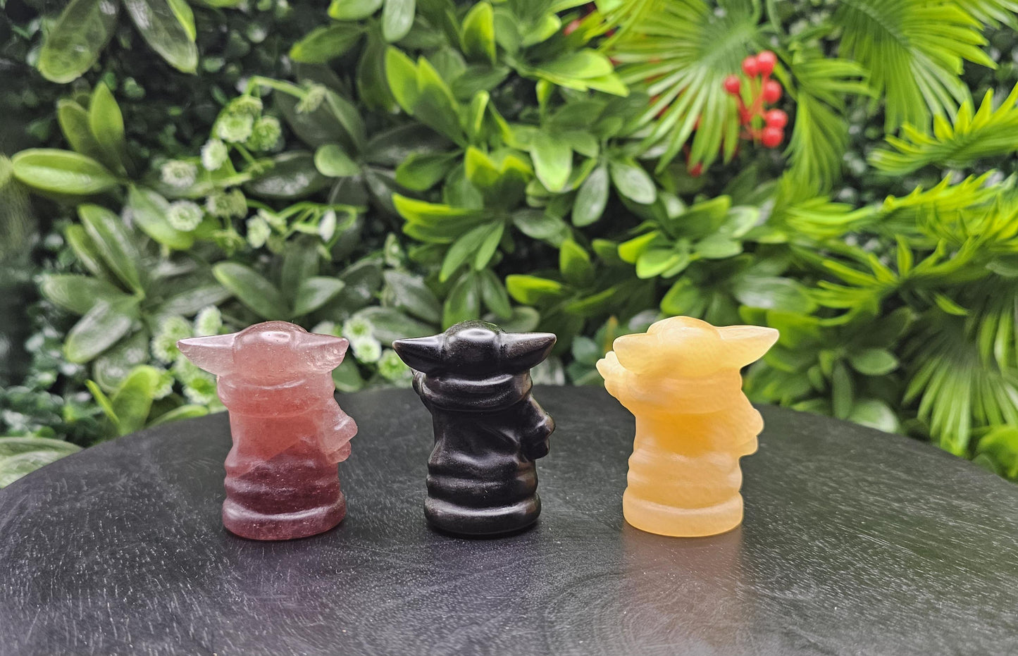 Yoda Crystal Carvings: Choose from Strawberry quartz, Obsidian, and Orange Calcite