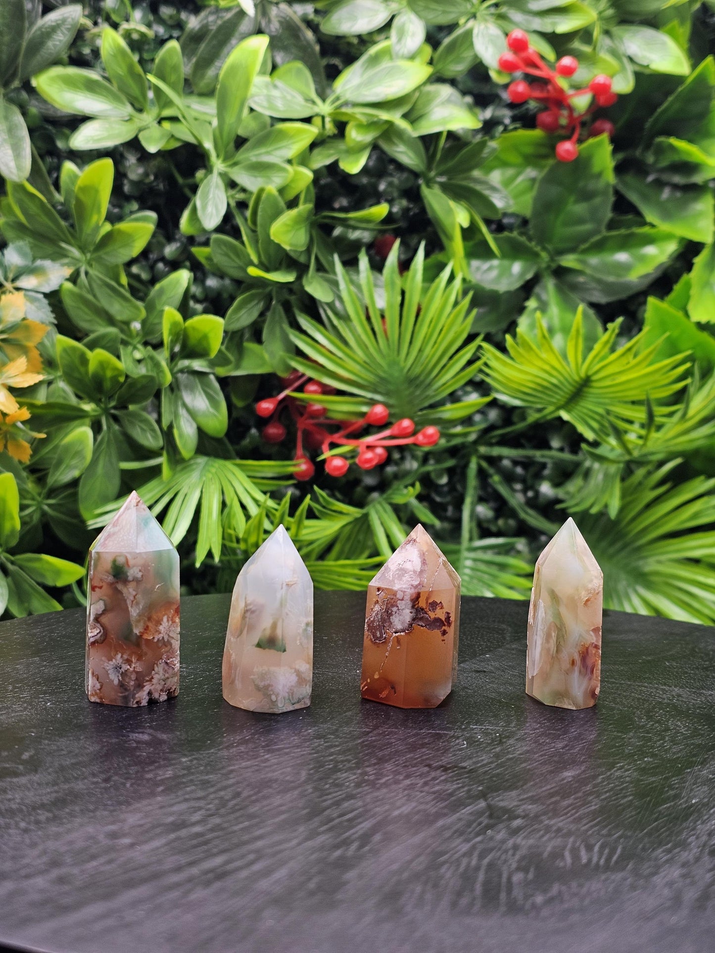 Flower Agate Mini Tower: Green & Red Crystal Point