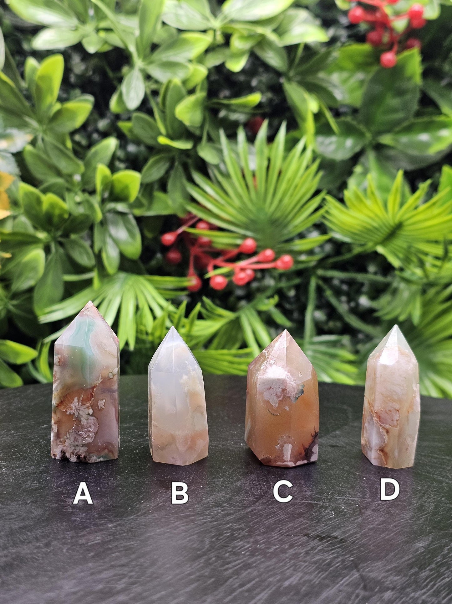 Flower Agate Mini Tower: Green & Red Crystal Point