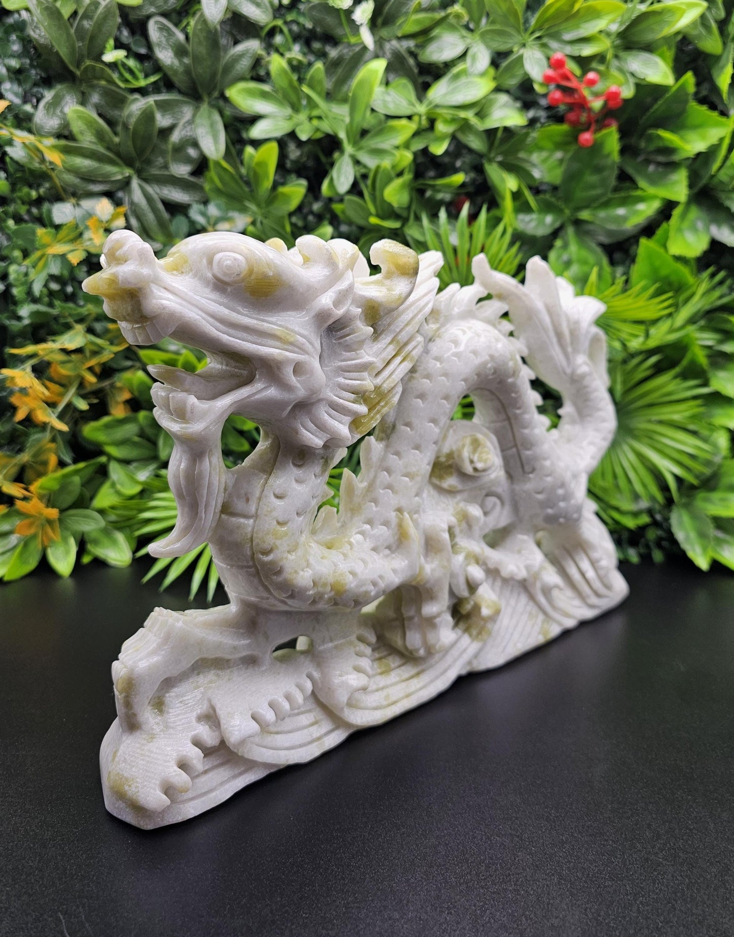 Massive White and Green Jade Hand-Carved Chinese Dragon