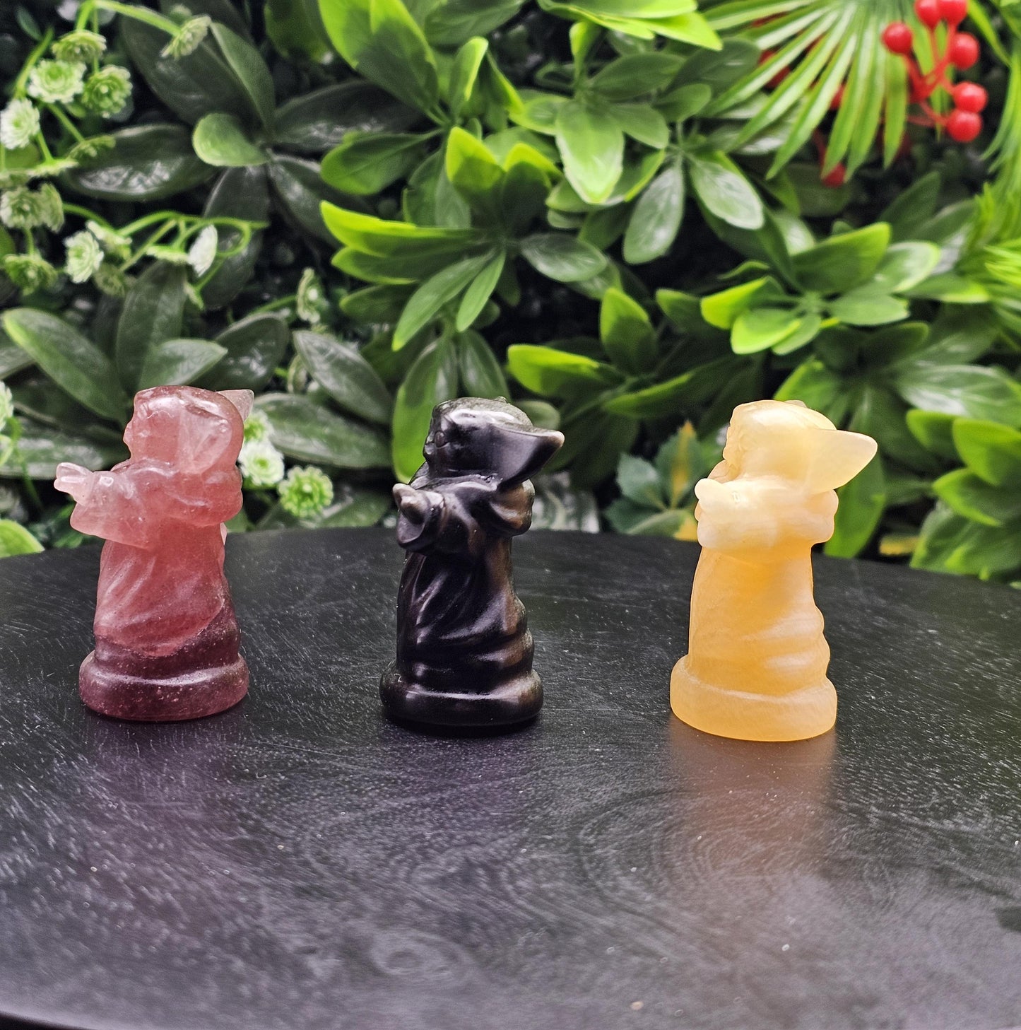 Yoda Crystal Carvings: Choose from Strawberry quartz, Obsidian, and Orange Calcite