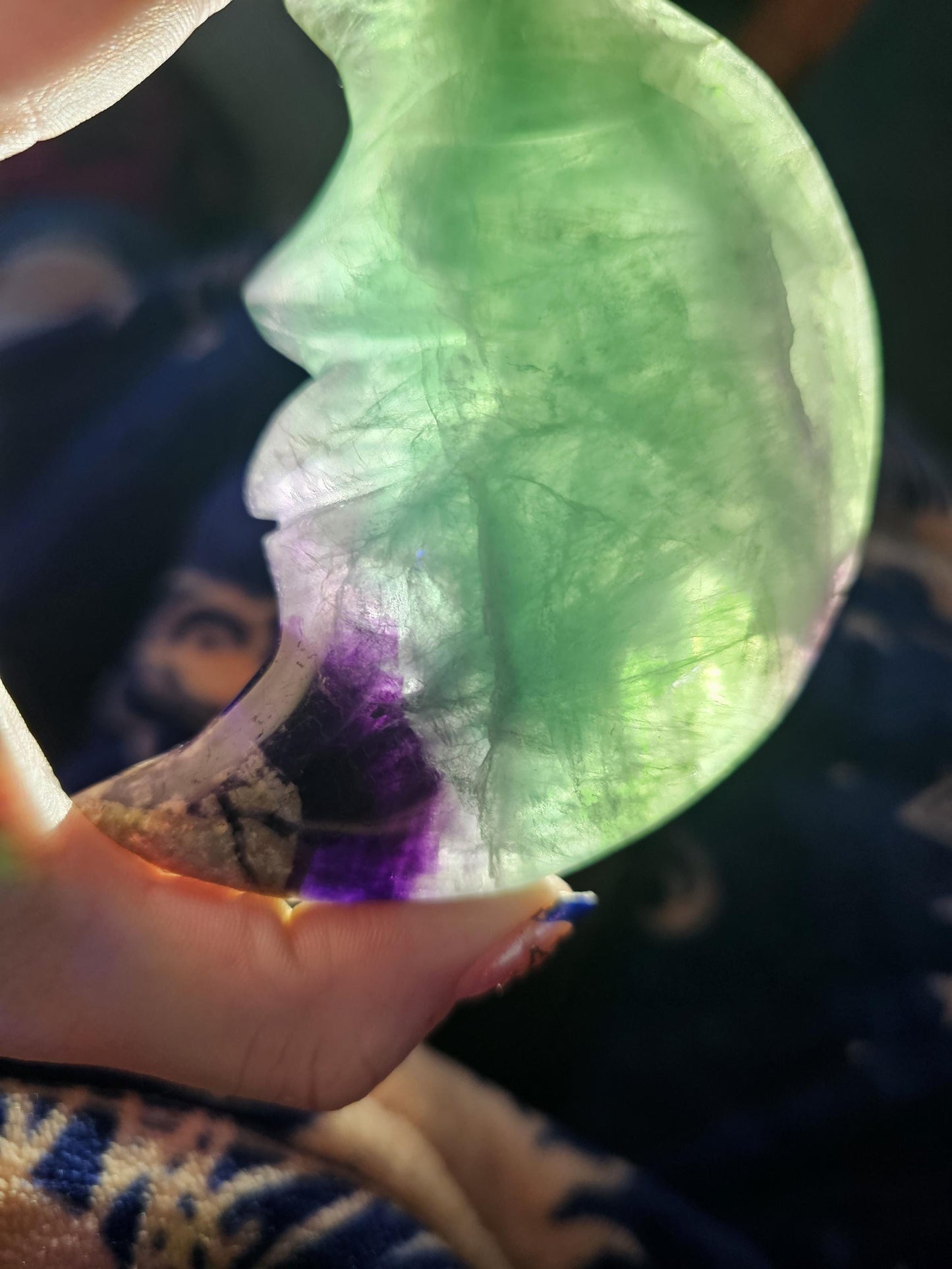 Rainbow Fluorite Moon Carving