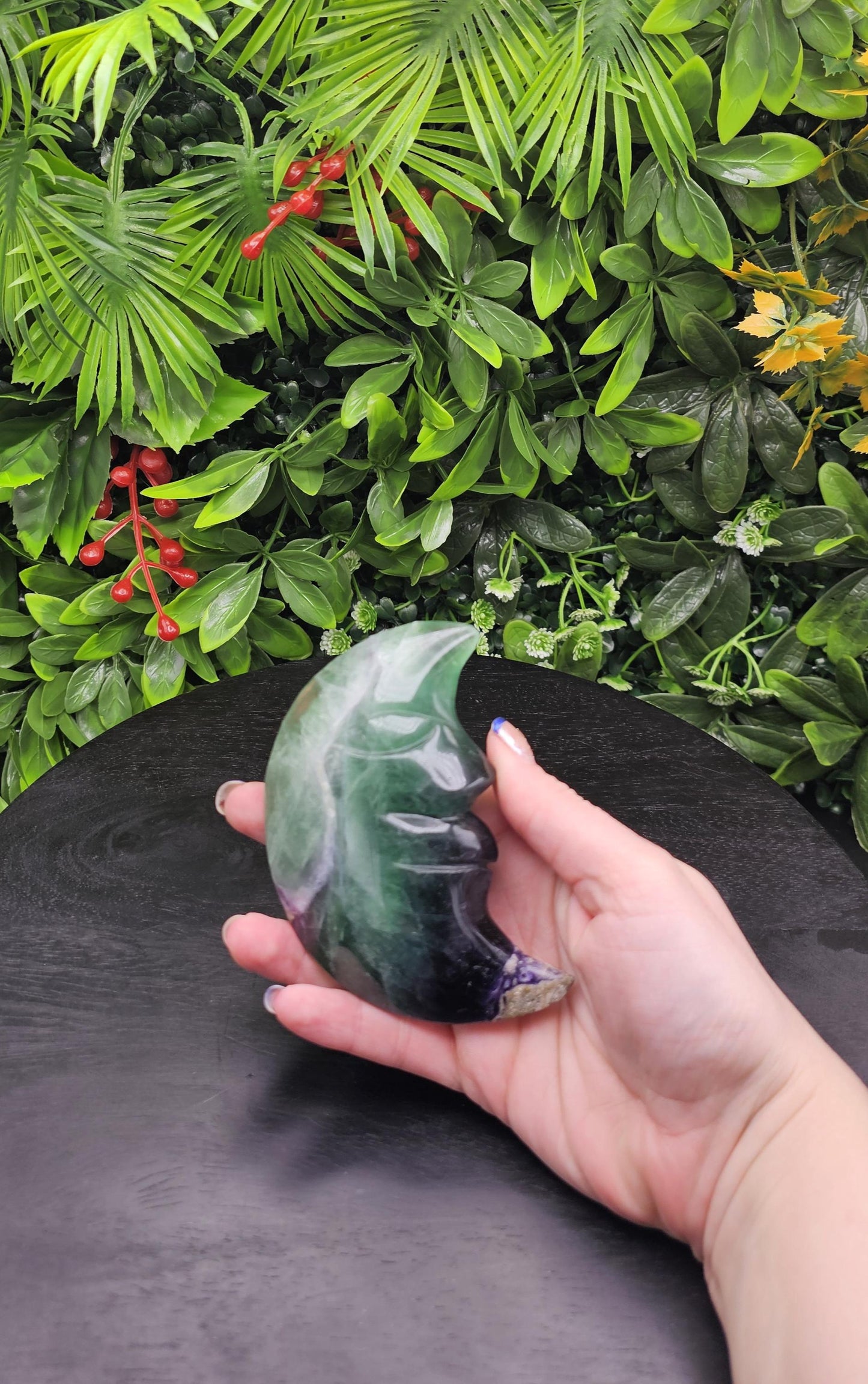 Rainbow Fluorite Moon Carving