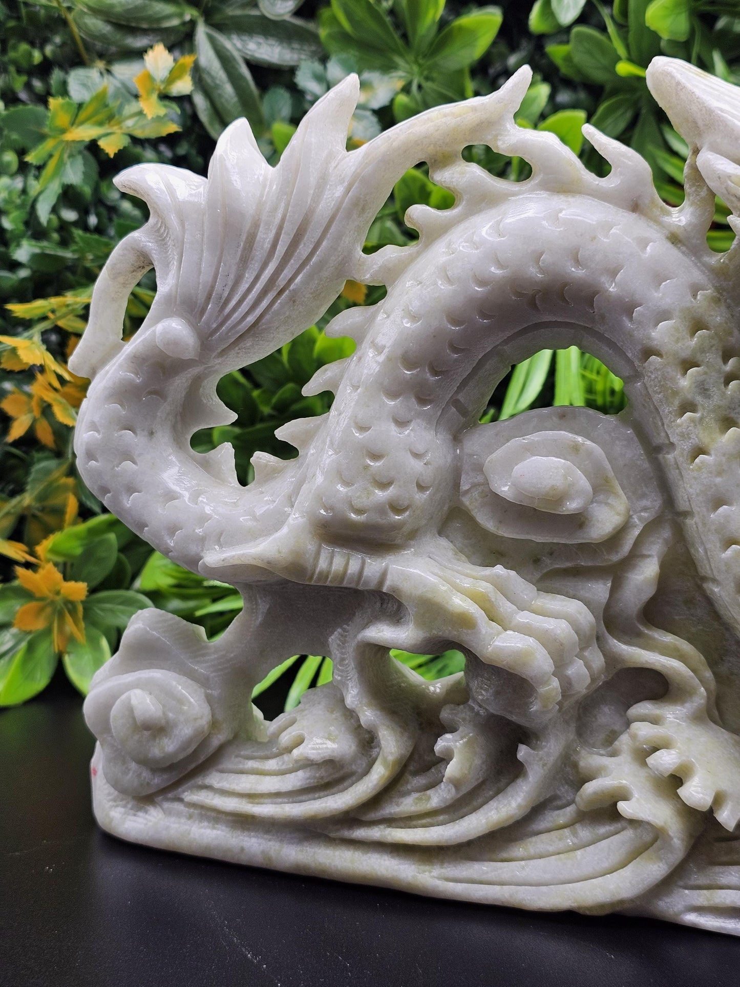 Massive White and Green Jade Hand-Carved Chinese Dragon