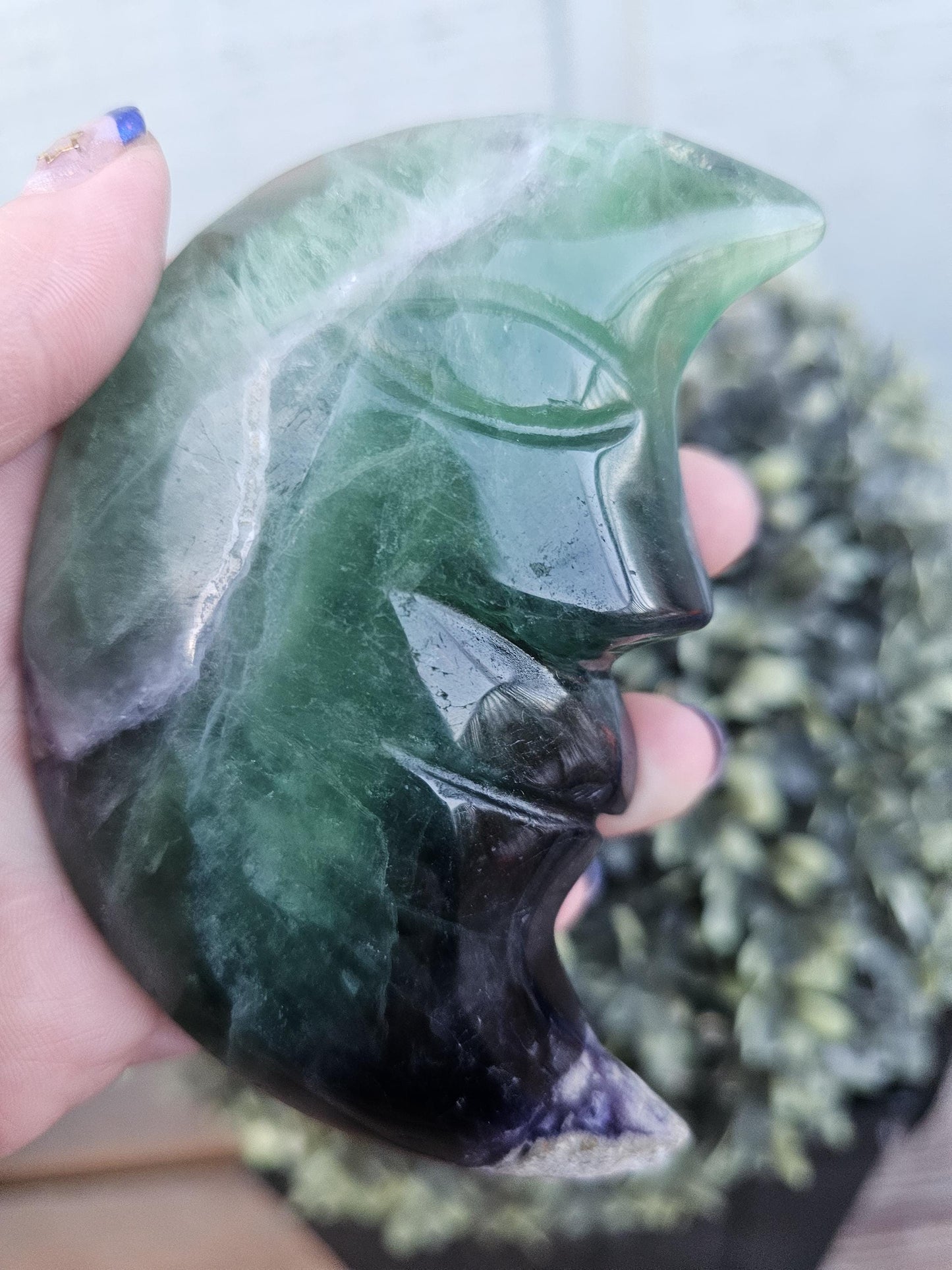Rainbow Fluorite Moon Carving