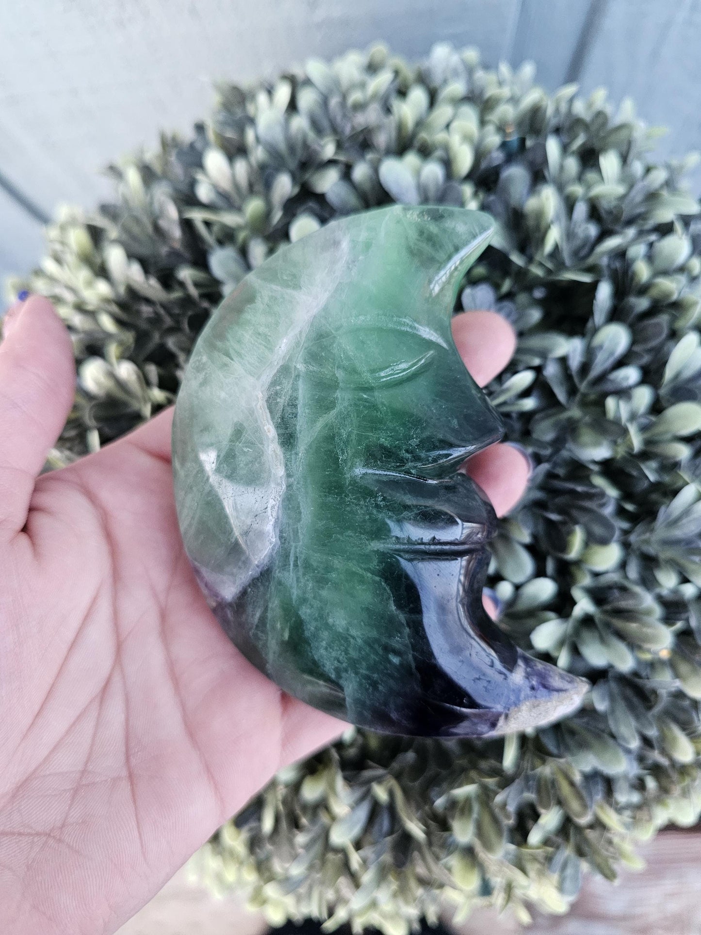 Rainbow Fluorite Moon Carving