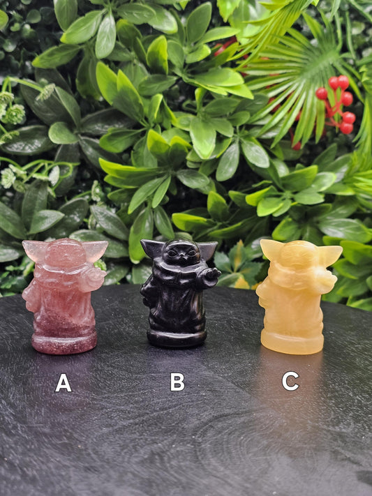 Yoda Crystal Carvings: Choose from Strawberry quartz, Obsidian, and Orange Calcite