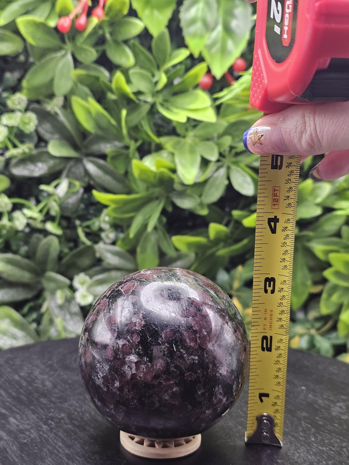 Large Garnet Crystal Sphere with Wooden Holder