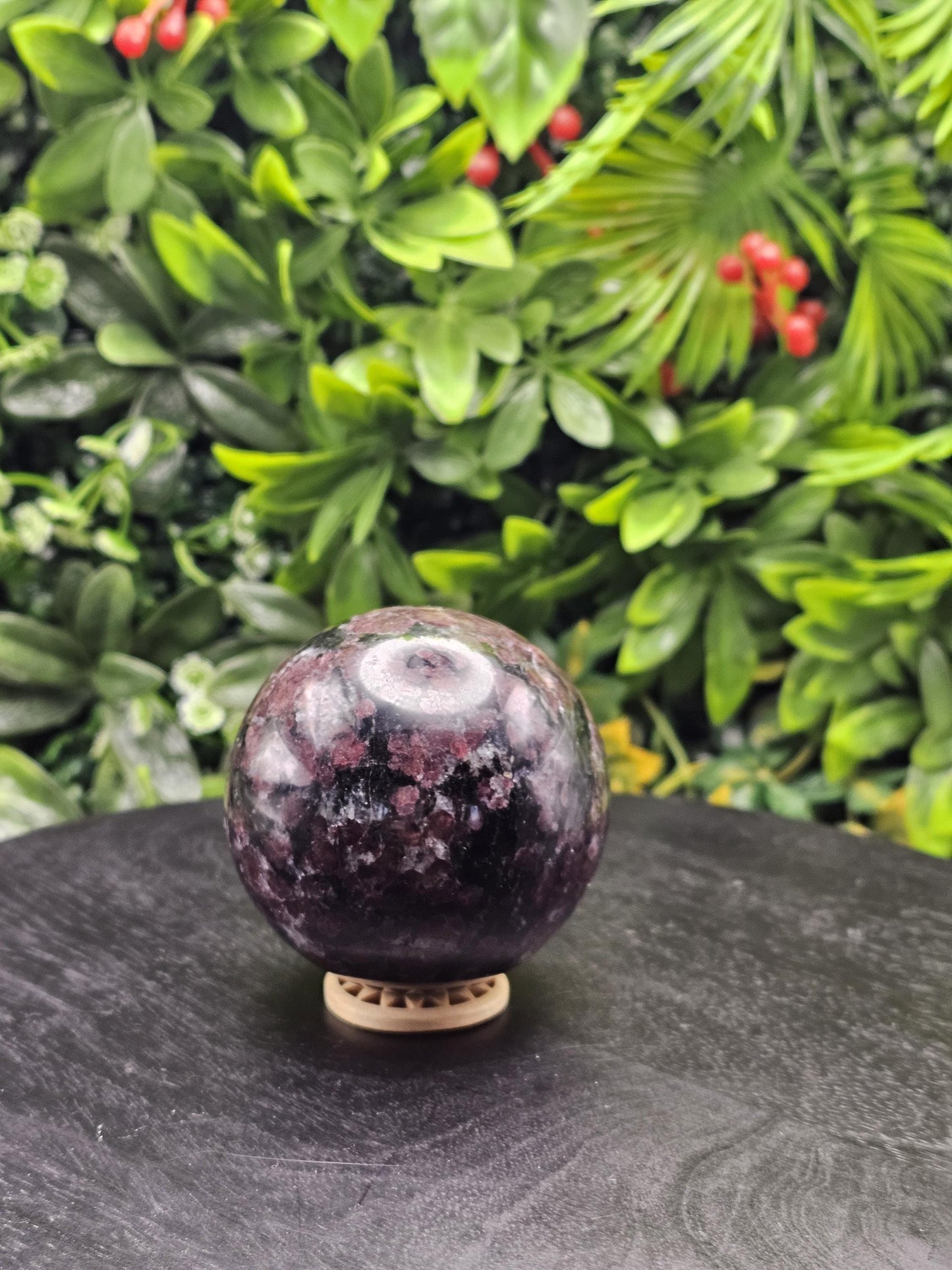 Large Garnet Crystal Sphere with Wooden Holder