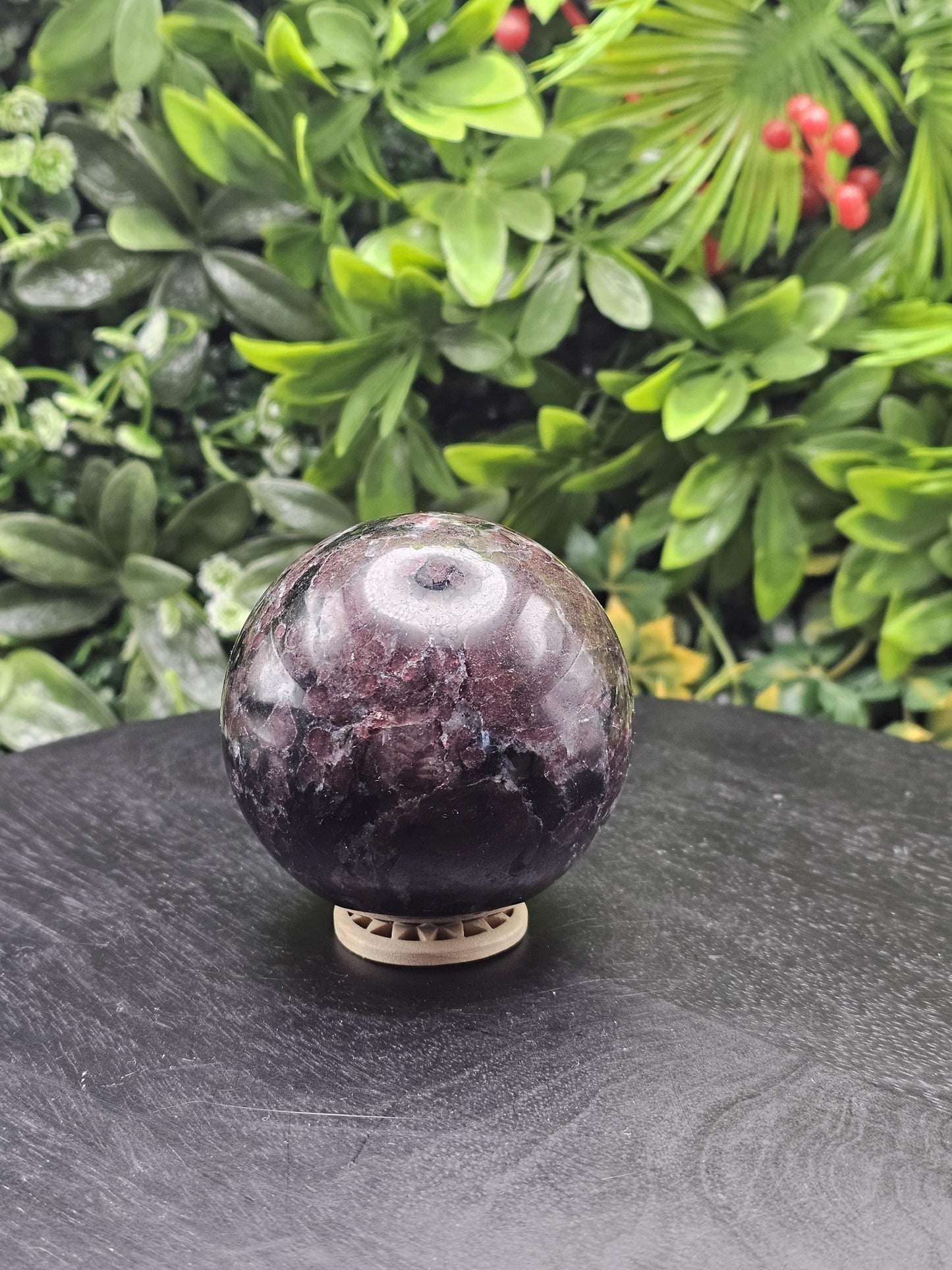 Large Garnet Crystal Sphere with Wooden Holder