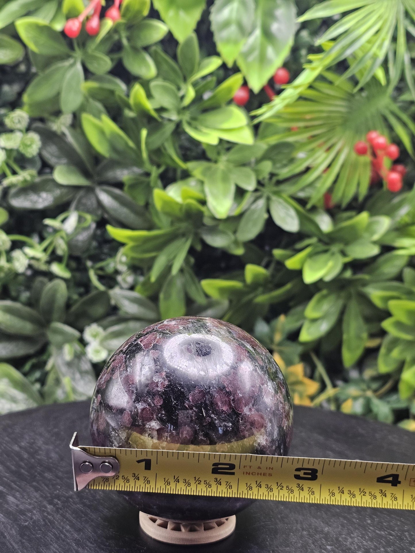 Large Garnet Crystal Sphere with Wooden Holder