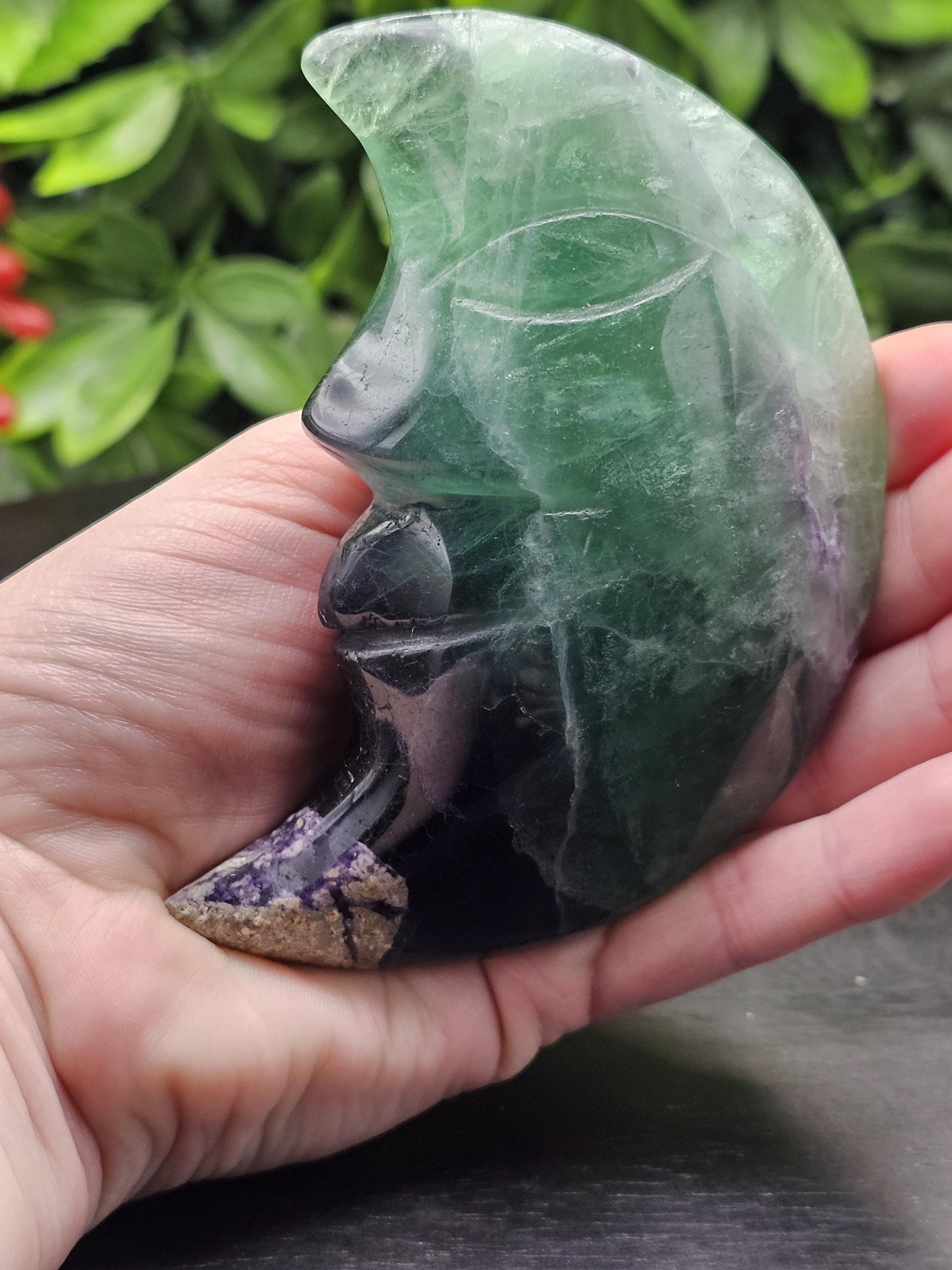 Rainbow Fluorite Moon Carving