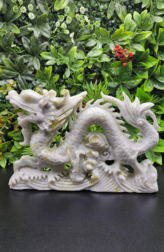 Massive White and Green Jade Hand-Carved Chinese Dragon