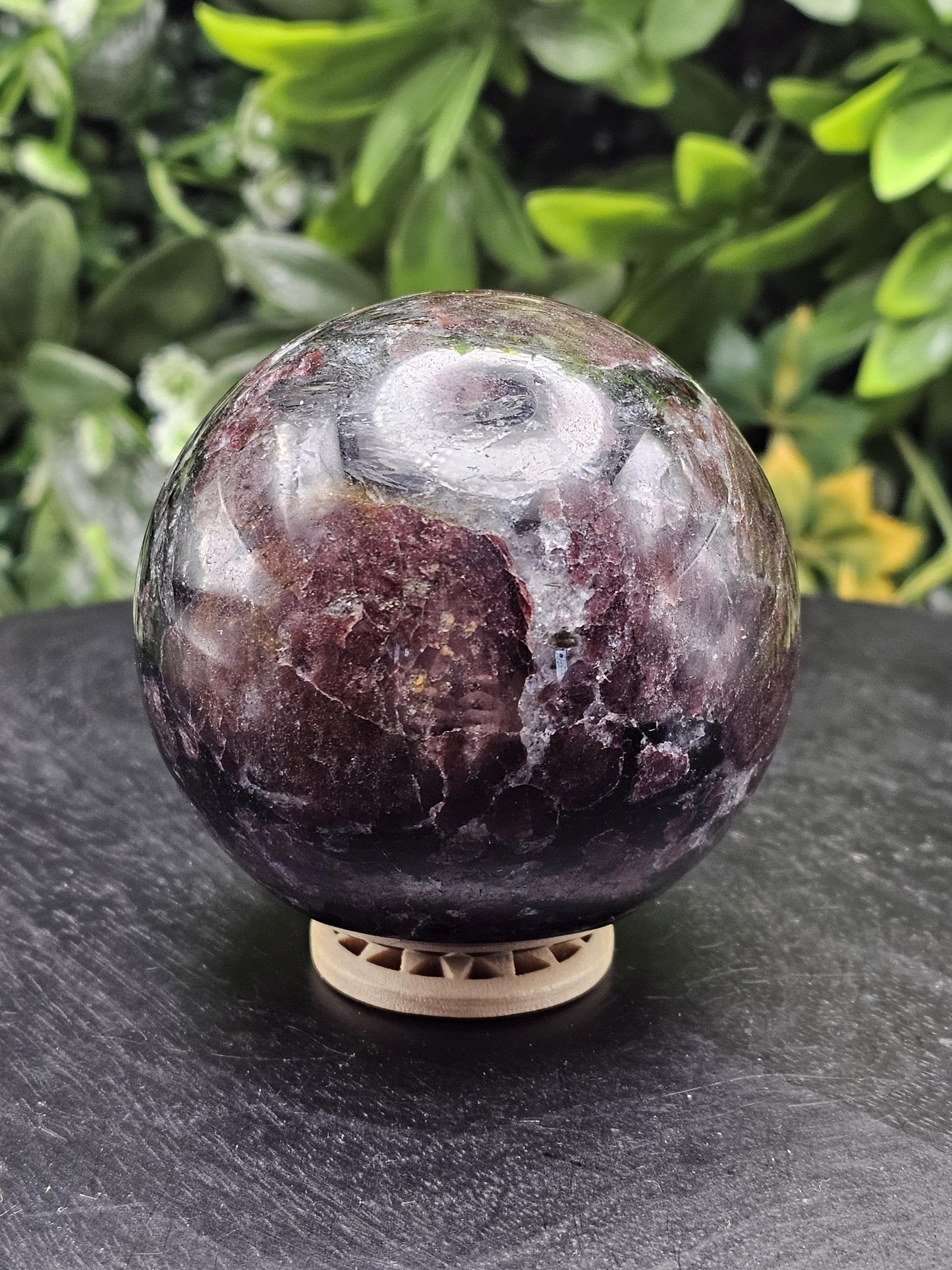 Large Garnet Crystal Sphere with Wooden Holder