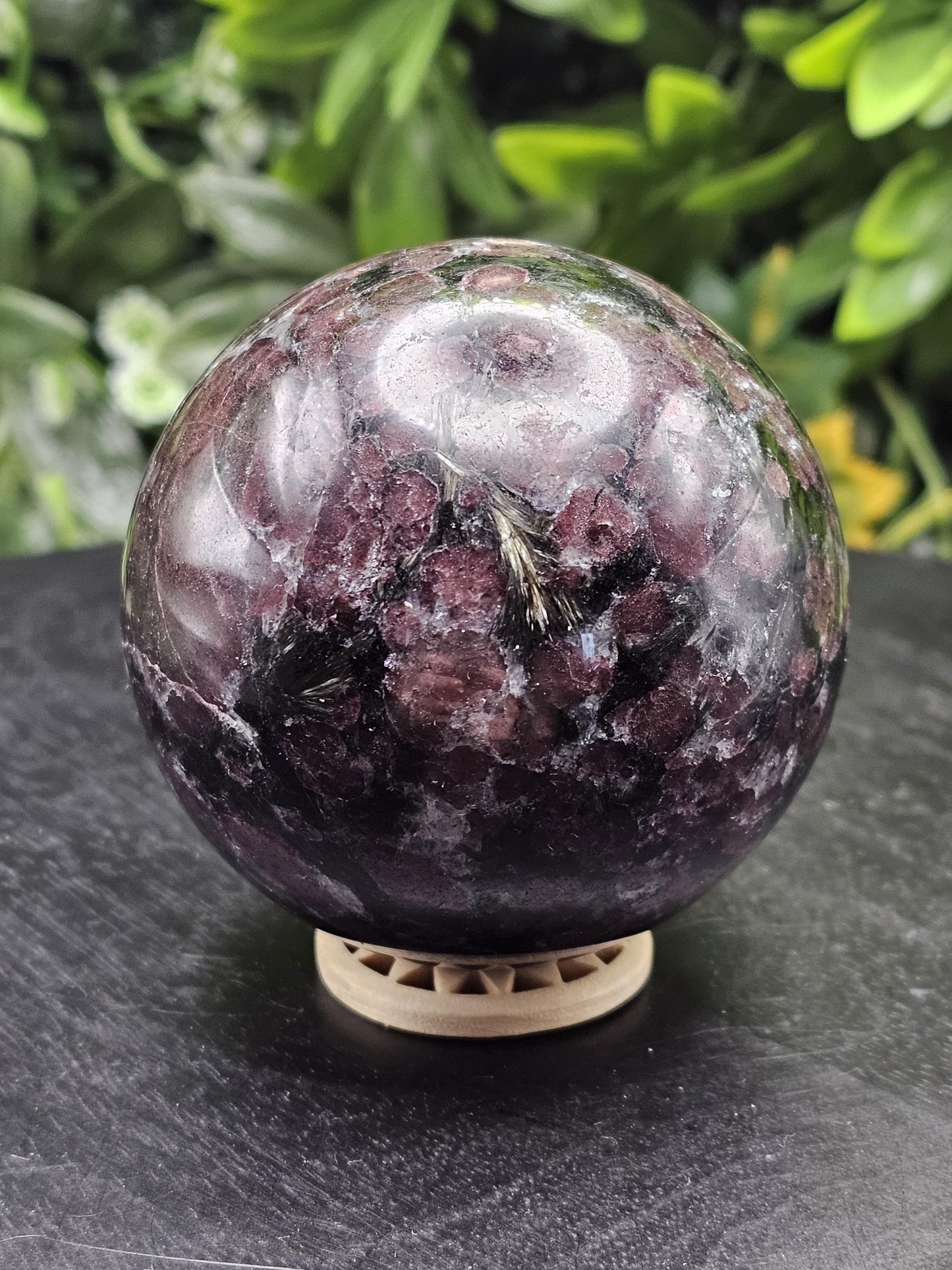 Large Garnet Crystal Sphere with Wooden Holder
