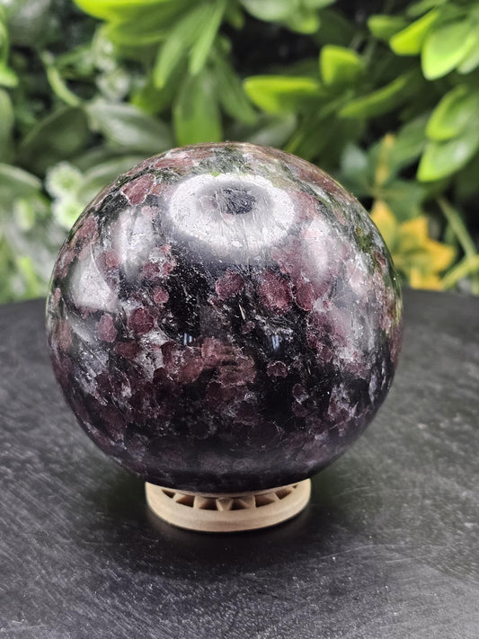 Large Garnet Crystal Sphere with Wooden Holder