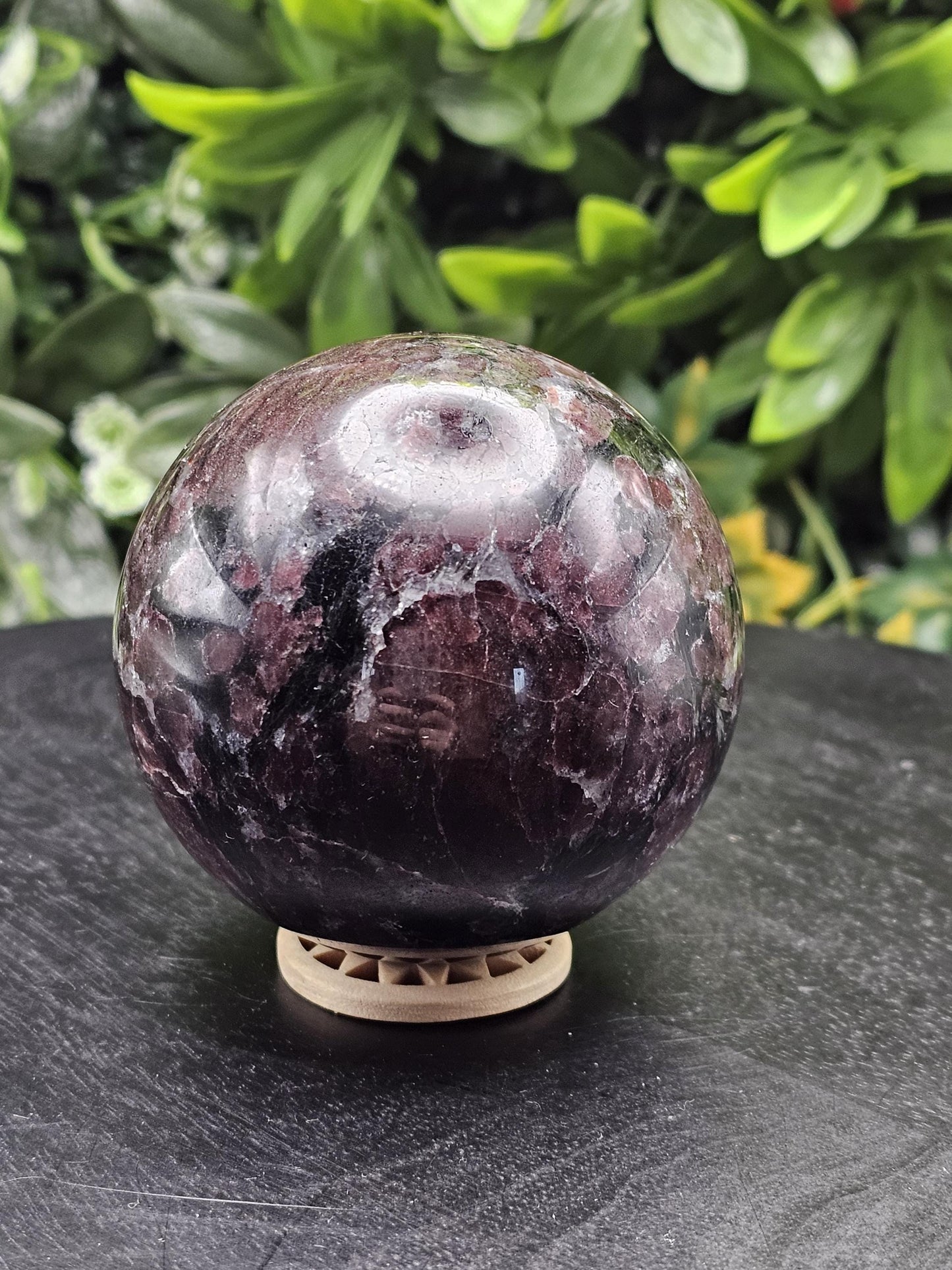 Large Garnet Crystal Sphere with Wooden Holder