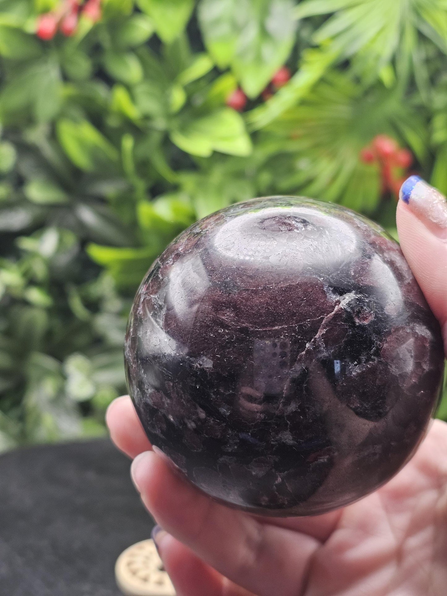Large Garnet Crystal Sphere with Wooden Holder