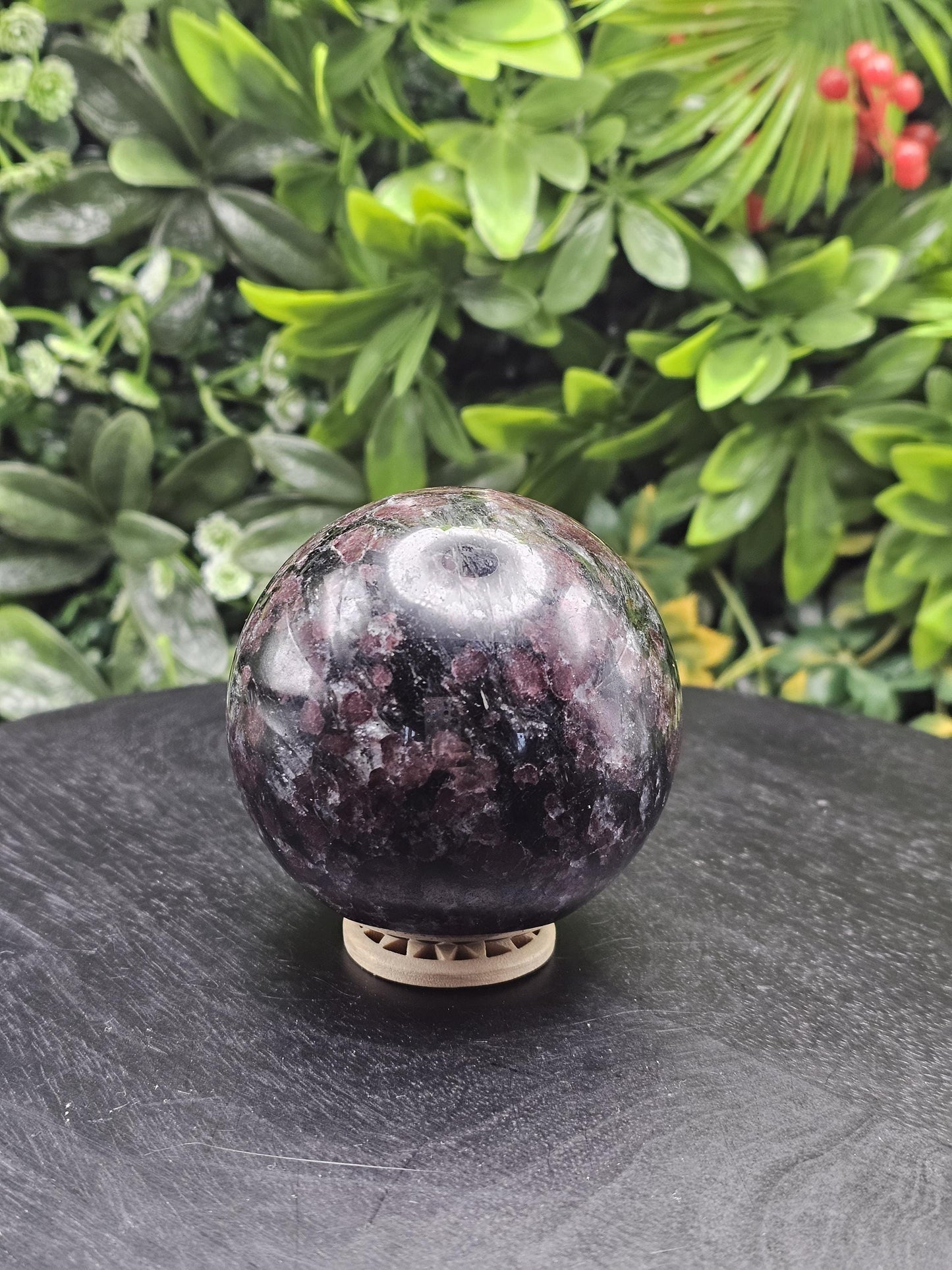 Large Garnet Crystal Sphere with Wooden Holder