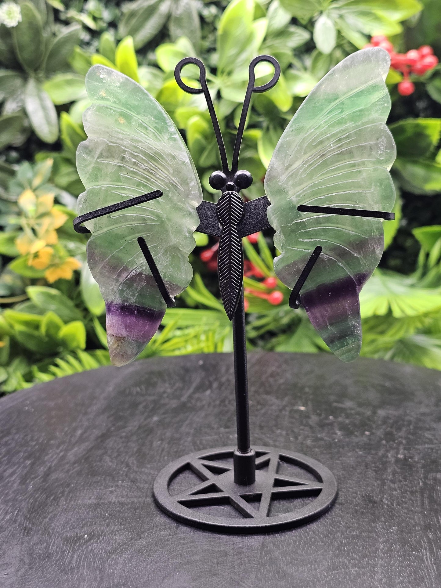 Fluorite Crystal Butterfly Wings on Metal Stand