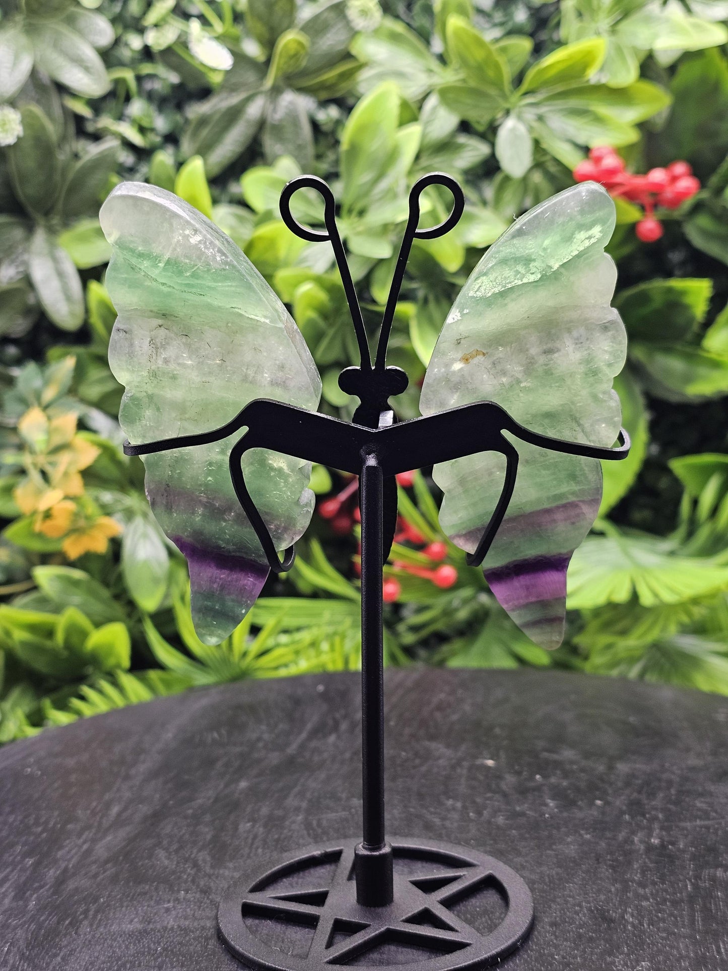 Fluorite Crystal Butterfly Wings on Metal Stand