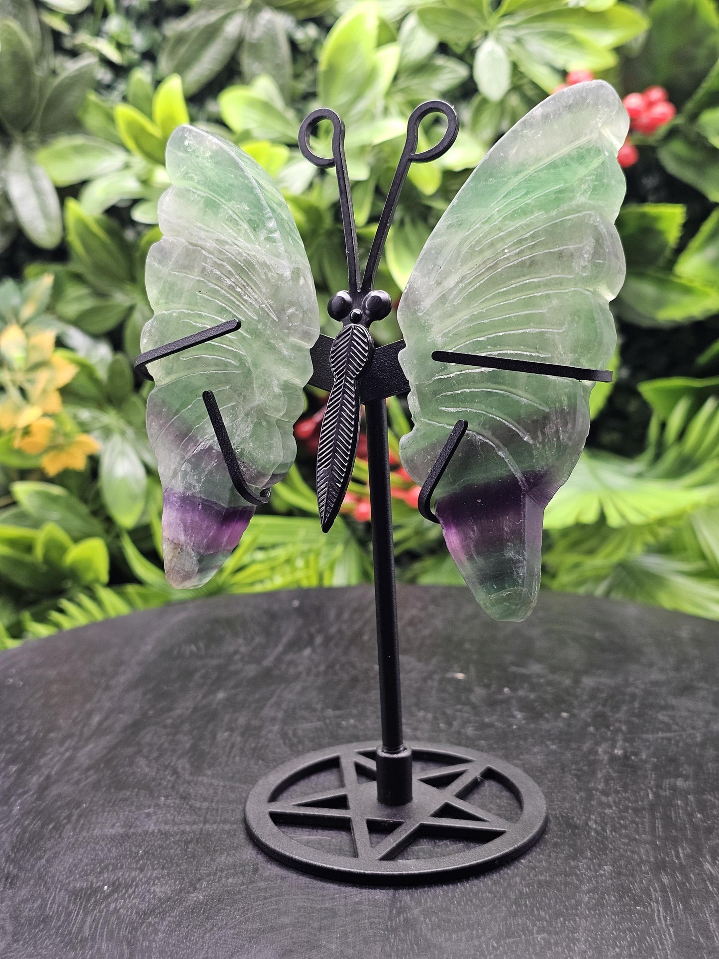 Fluorite Crystal Butterfly Wings on Metal Stand