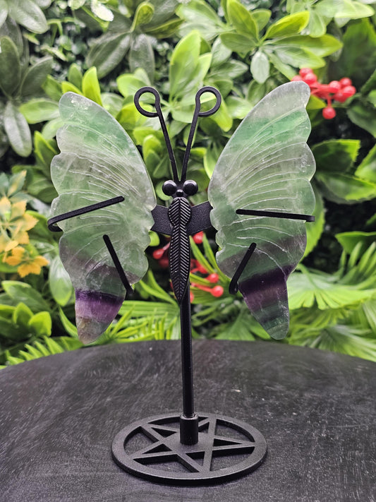 Fluorite Crystal Butterfly Wings on Metal Stand