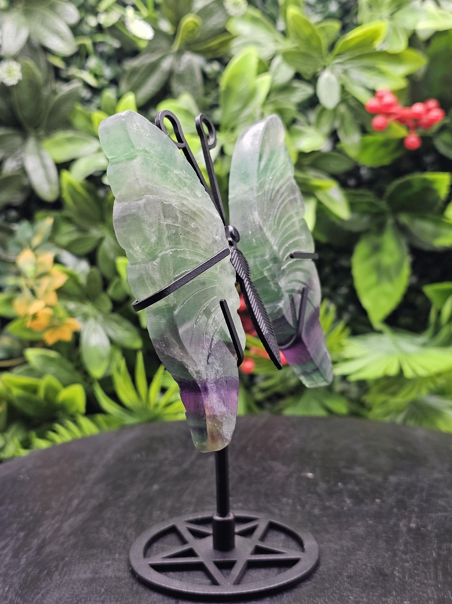 Fluorite Crystal Butterfly Wings on Metal Stand