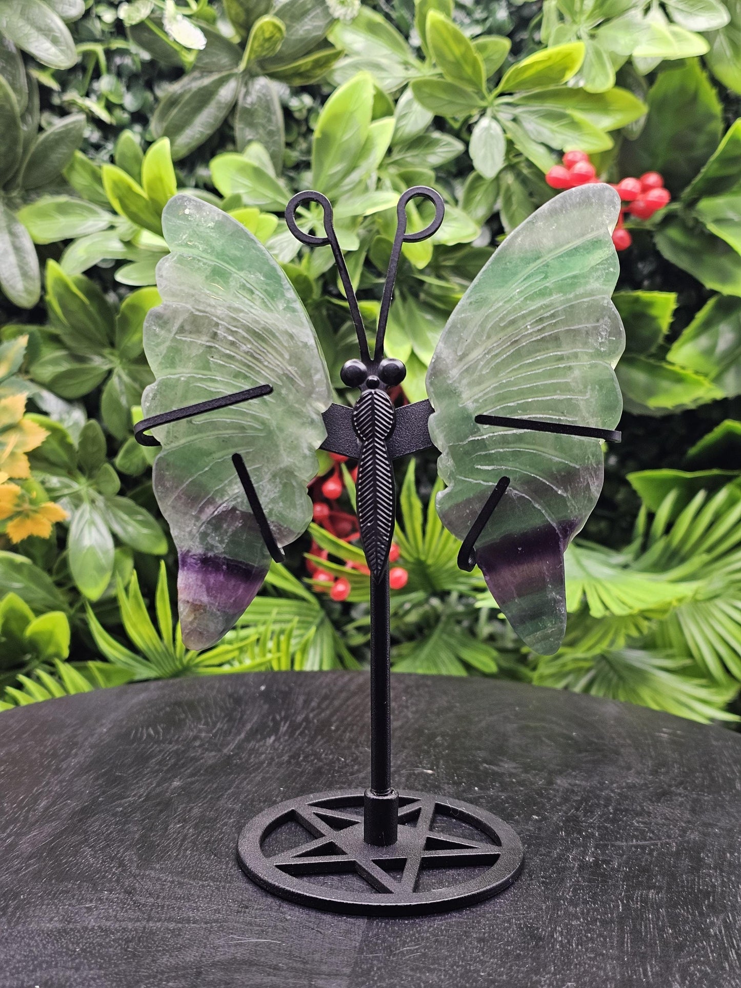 Fluorite Crystal Butterfly Wings on Metal Stand