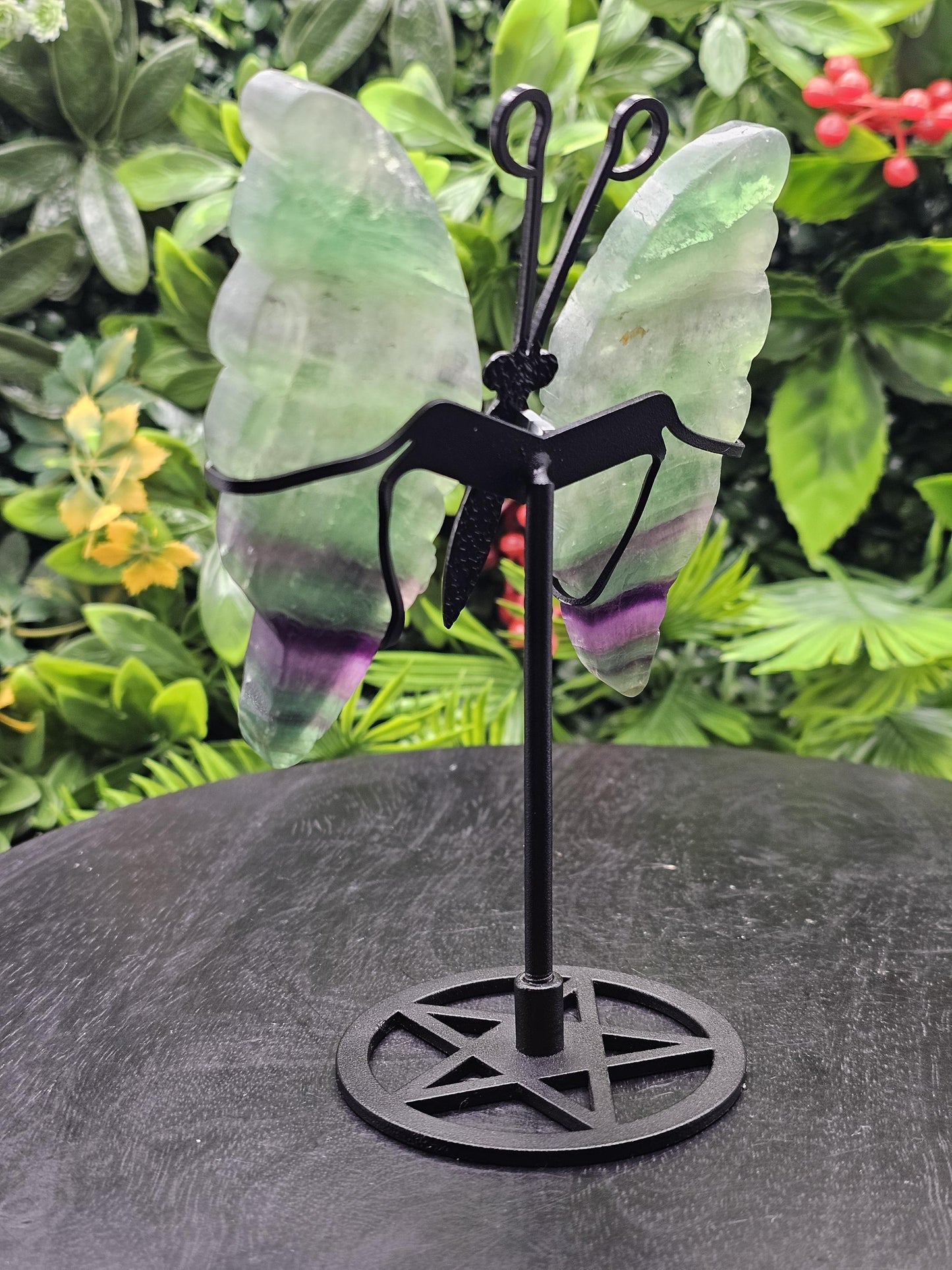 Fluorite Crystal Butterfly Wings on Metal Stand