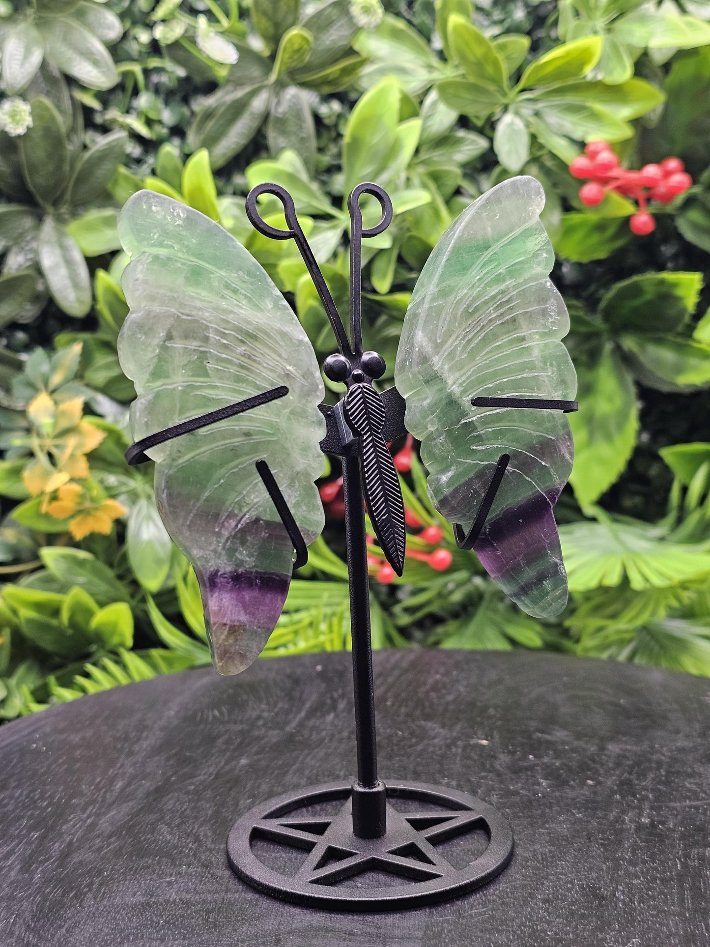 Fluorite Crystal Butterfly Wings on Metal Stand