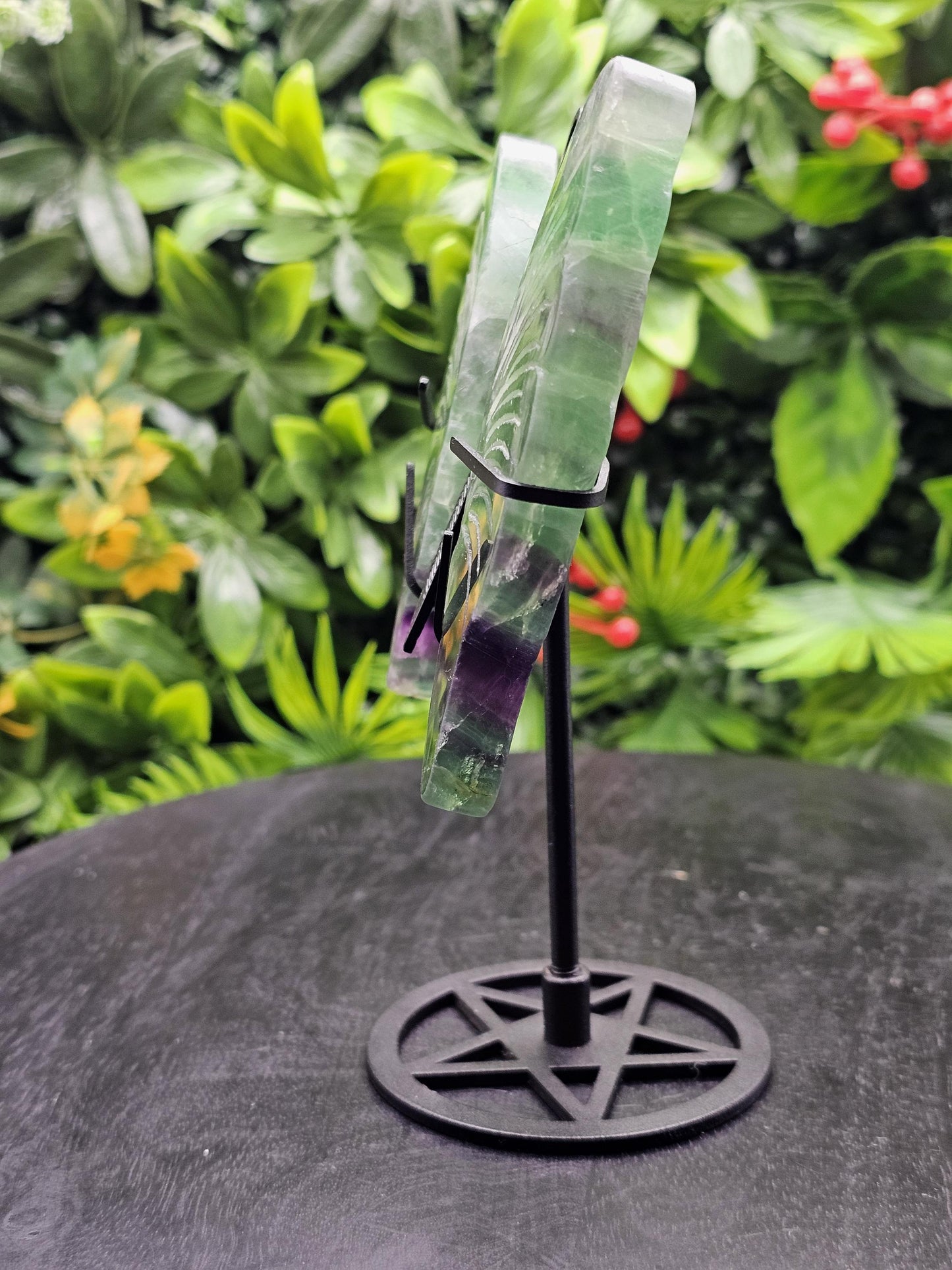 Fluorite Crystal Butterfly Wings on Metal Stand