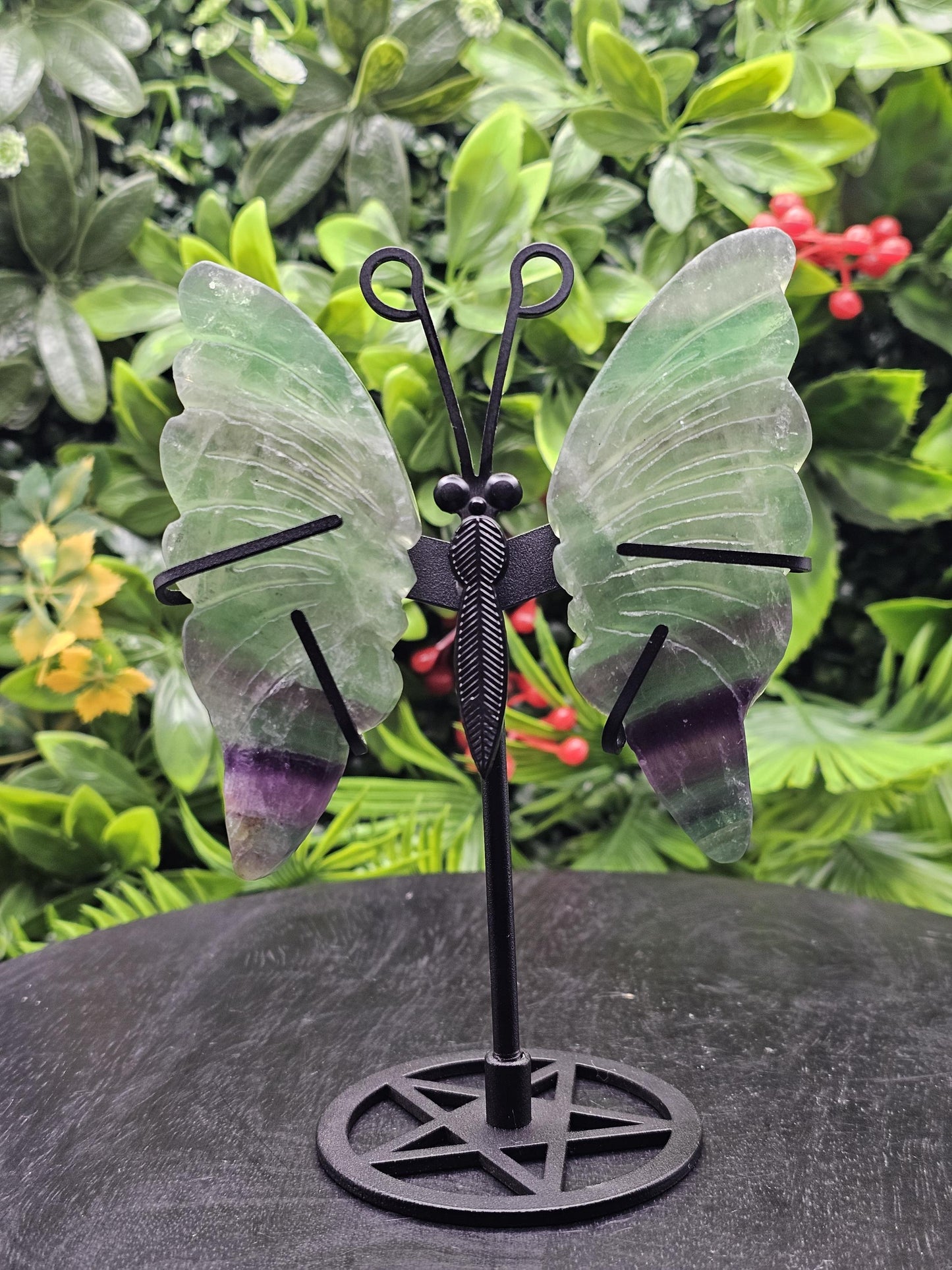 Fluorite Crystal Butterfly Wings on Metal Stand